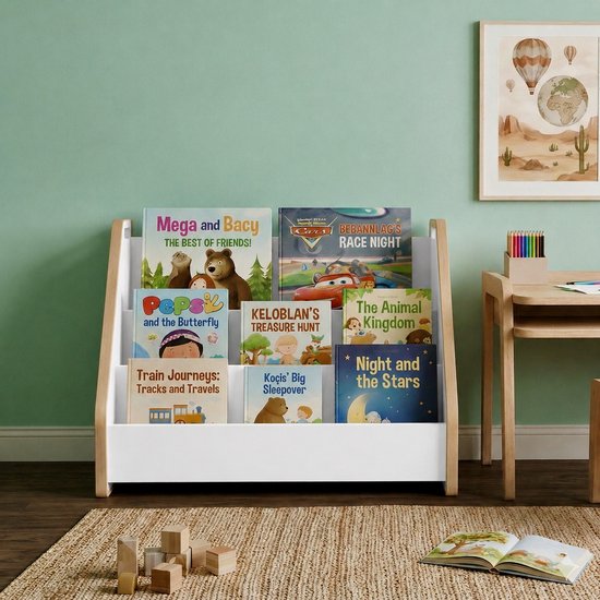 Een witte kinderboekenkast gevuld met kinderboeken zoals 'Mega en Bacy' en 'The Animal Kingdom'.