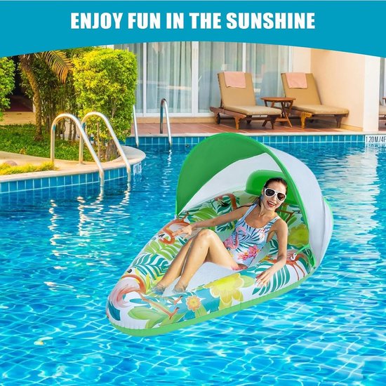 Zwembadvlotter - Opblaasbare ligstoel - Ontspannen op water - UV-beschermende kap - 140x92x20cm - Veelkleurig — afbeelding 3