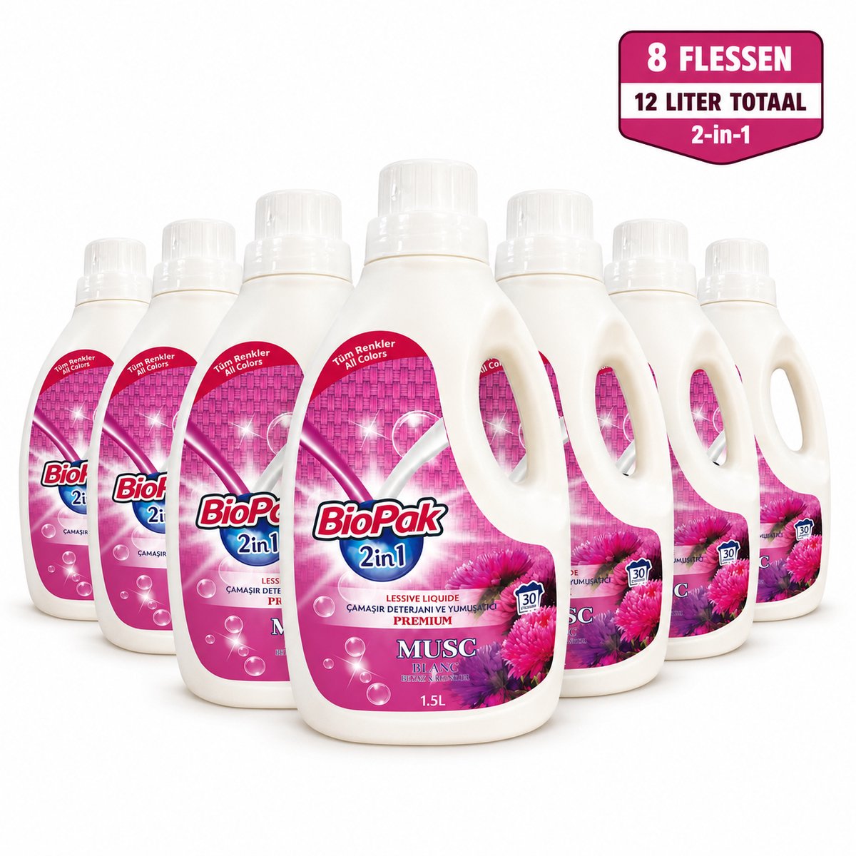 BioPak 2-in-1 Vloeibaar Wasmiddel & Wasverzachter Musc – 8 x 1,5 Liter – 12 Liter Totaal – Voor Gekleurde Was – Tot 240 Wasbeurten