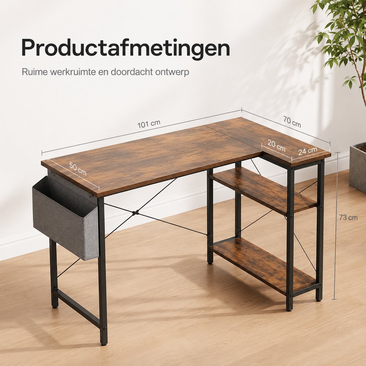 BOTC Hoekbureau 100 cm - Rustiek bruin met opbergplanken thumbnail 4