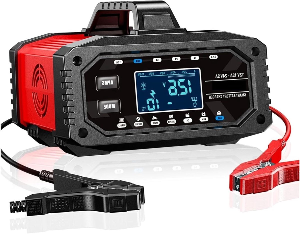 Acculader - Batterijlader Voertuigen - Accu's Opladen - 12V 24V Voedingsmodus - 4Ah - 250Ah - Zwart