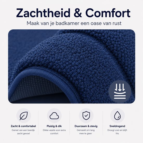 Hand op een zachte, pluizige en dikke blauwe badmat.