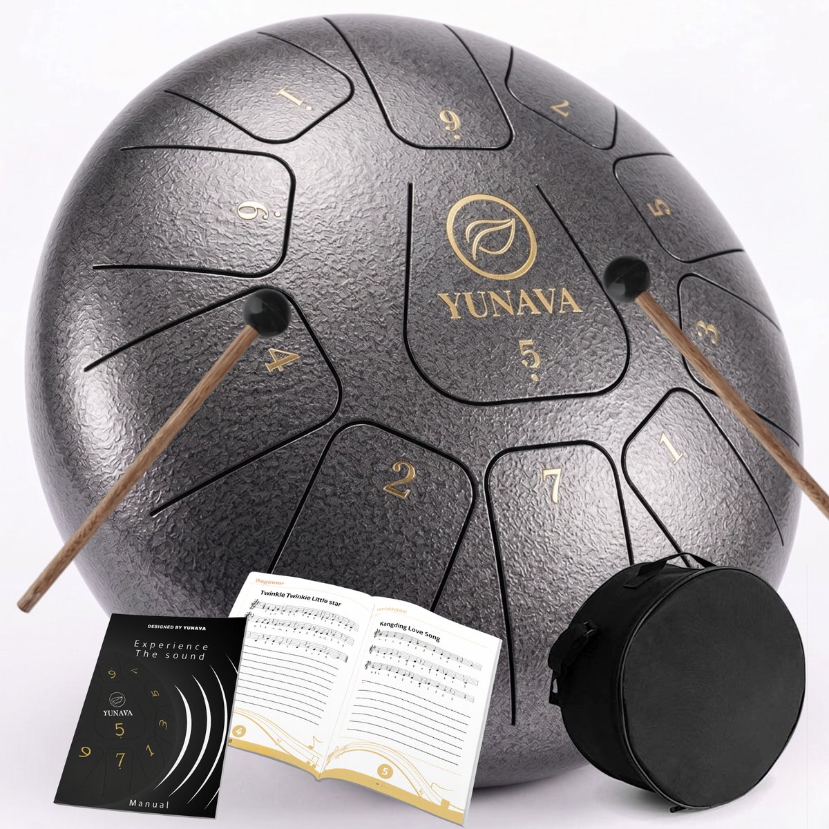 Yunava Handpan - 30 cm ø - Meteoriet - Steel Tongue Drum - Hand Klankschaal incl. Lesboek & Beschermtas - Hangdrum