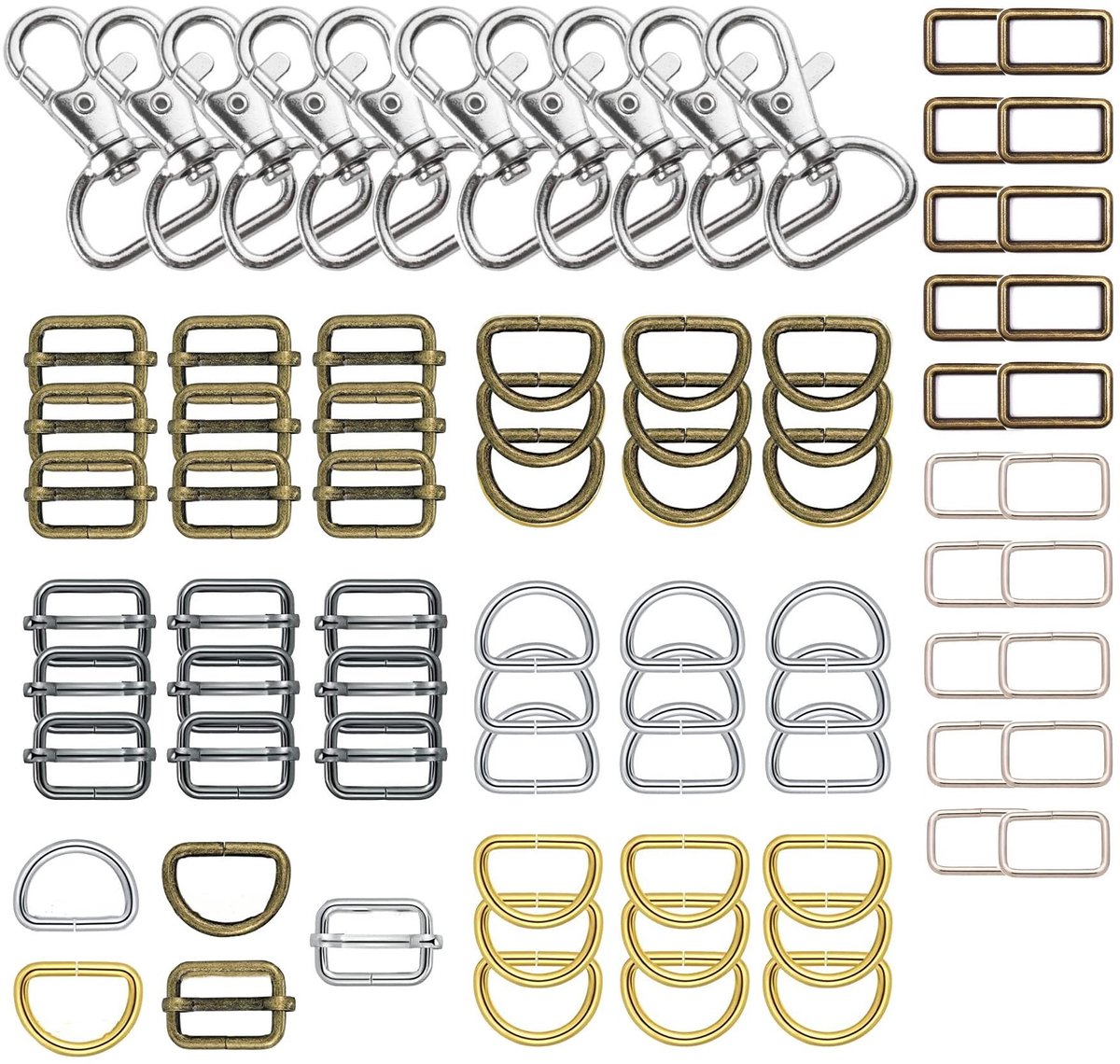 Dailygoods- Draaischarnier - Karabijnhaak/D-ring - Schuifgesp/Riemversteller - Set van 10 stuks - Duurzaam metaal - Ideaal voor doe-het-zelf projecten - Gespen