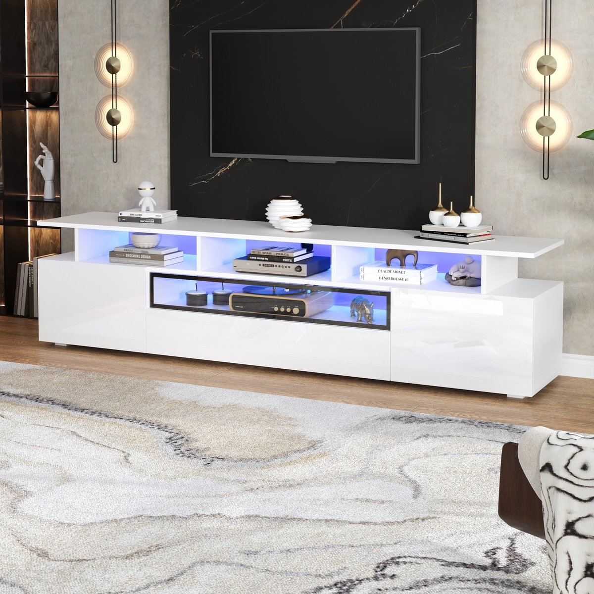 DESMIU Tv Meubel - Hoogglans Met Ledverlichting En Opbergruimte - Voor Woonkamer En Grote Televisies Tot 75 Inch - Spaanplaat Wit - 180x38x45 Cm