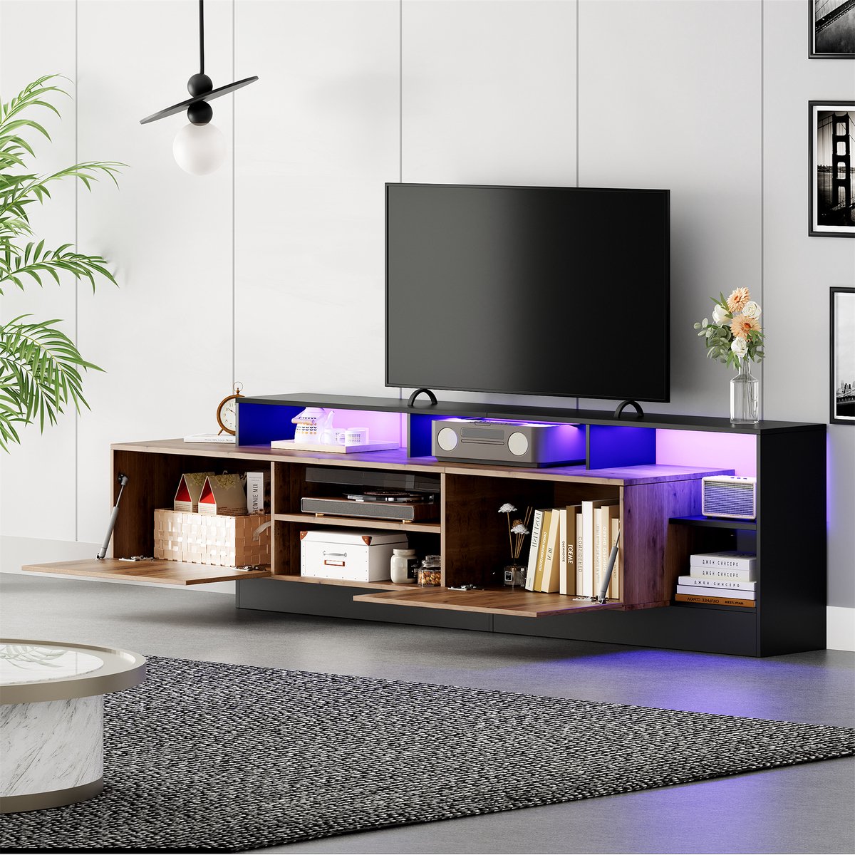 DESMIU Tv Meubel - Met Led Verlichting En Veel Opbergruimte - Voor Woonkamer En Slaapkamer - Spaanplaat - 190x40x48,5 Cm - Zwart Eiken Houtkleur
