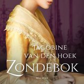 Een vrouw in een gouden jurk met kanten details. "Jacomine van den Hoek Zondebok Mozaïek" is op de afbeelding te lezen.