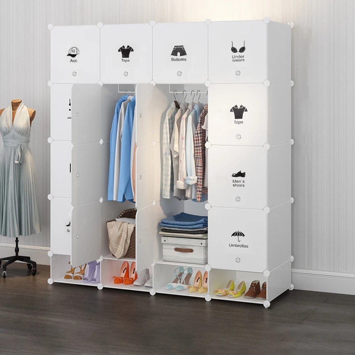 Dailygoods Modulaire kledingkast, 16 kubussen, draagbare slaapkamerkast, opbergkast met de