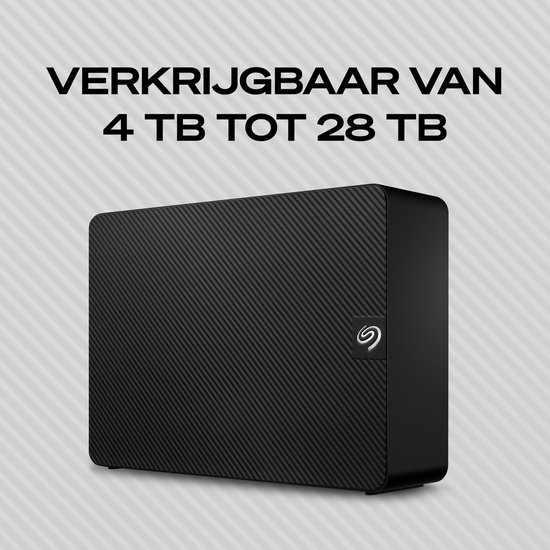 Disque dur externe Seagate Expansion noir avec motif en fibre de carbone, disponible de 4 To à 28 To.