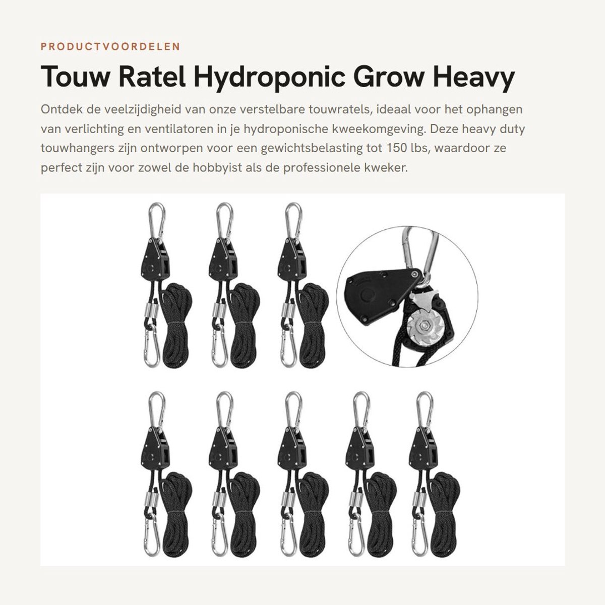 Dailygoods - Touw Ratel - Hydroponic Grow - Heavy Duty - 150lbs Gewicht Capaciteit - Verstelbare Touwhanger - Geschikt voor Plantententen