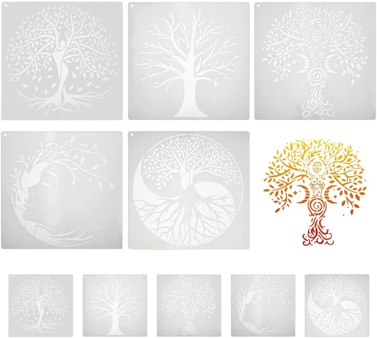 Dailygoods- Boomsjablonen Set - 10 Stuks - 5x 15x15 cm / 5x 30x30 cm - Herbruikbaar - Kunststof - Geschikt voor Schilderen/Sproeien - Schilderstencils