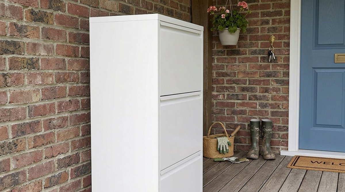 Schoenenkast Smal Metaal Wit – House&Garden Schoenenkast 15 cm Diep met 3 Klepvakken en Magneetsluiting – Smalle Schoenenkast voor Hal, Gang en Appartement – Ruimtebesparende Schoenenopberger met Anti-Kantelbeveiliging 50x15x106 cm