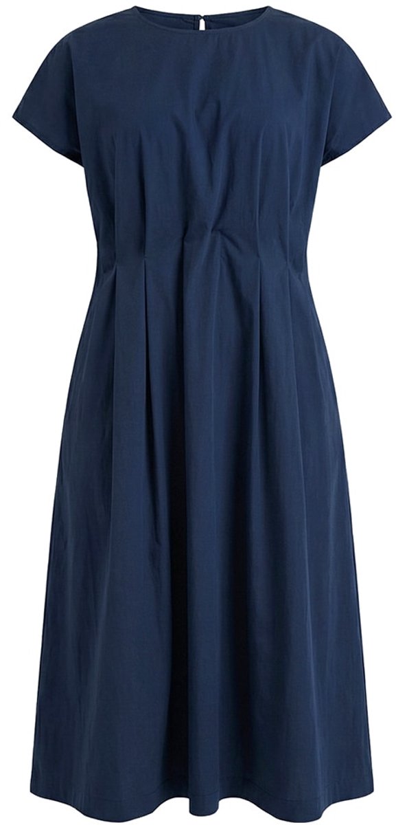 Ulla Popken - Dames - Maxi-jurk decoratieve plooitjes getailleerd ronde hals - Marine - Maat 46+