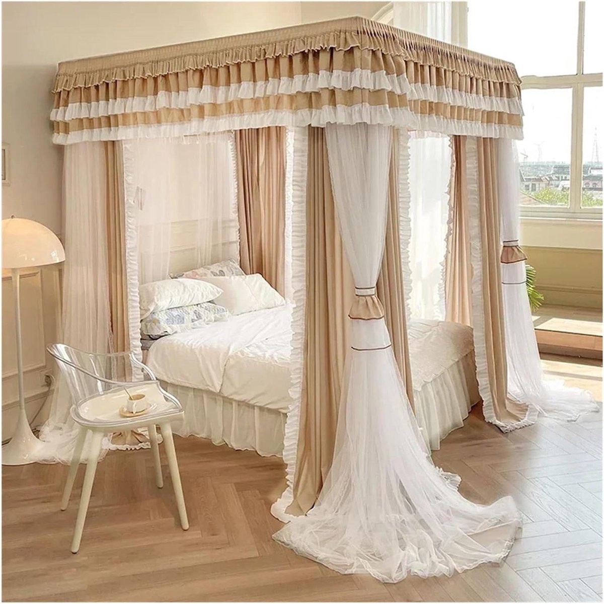 Hemelbedgordijnen - Bed Decoratie - Slaapkamer Verfraaien - Dubbellaags Ontwerp - Volledig Bed - Koffie