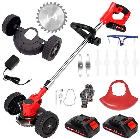 Complete set van een rode grasmaaier met accessoires: accu's, oplader, messen, handschoenen, veiligheidsbril.
