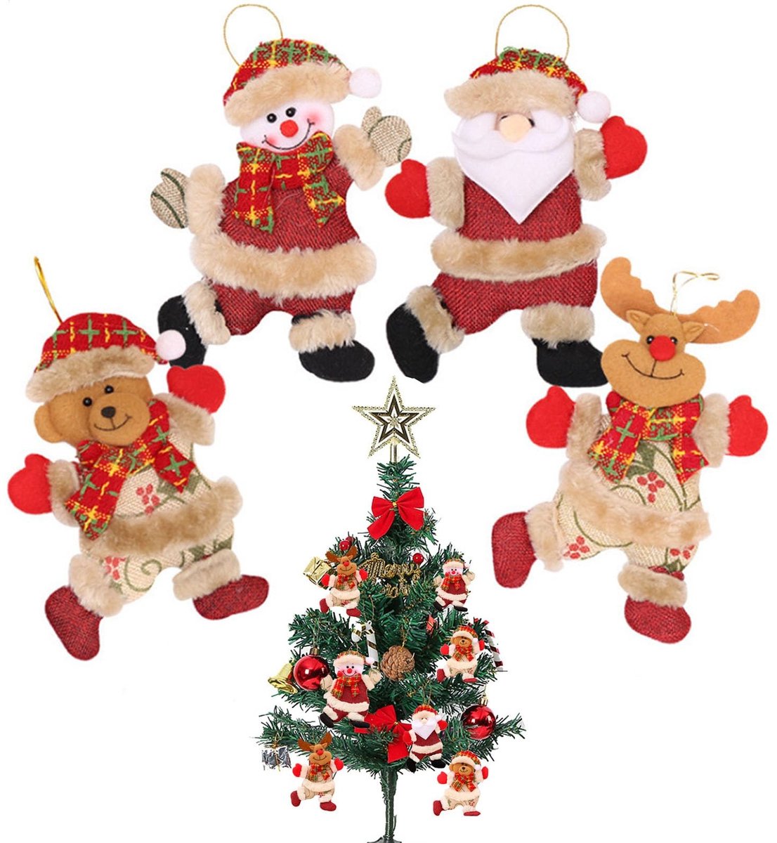 Dailygoods- Kerstboomversiering 4 Stuks - Grappige Hanger/Sneeuwpop/Kerstfiguren - Kerstdecoratieset - Polyestervezel - 18 x 12 x 1 cm - Charmante Decoratie - Kerstdecoratie