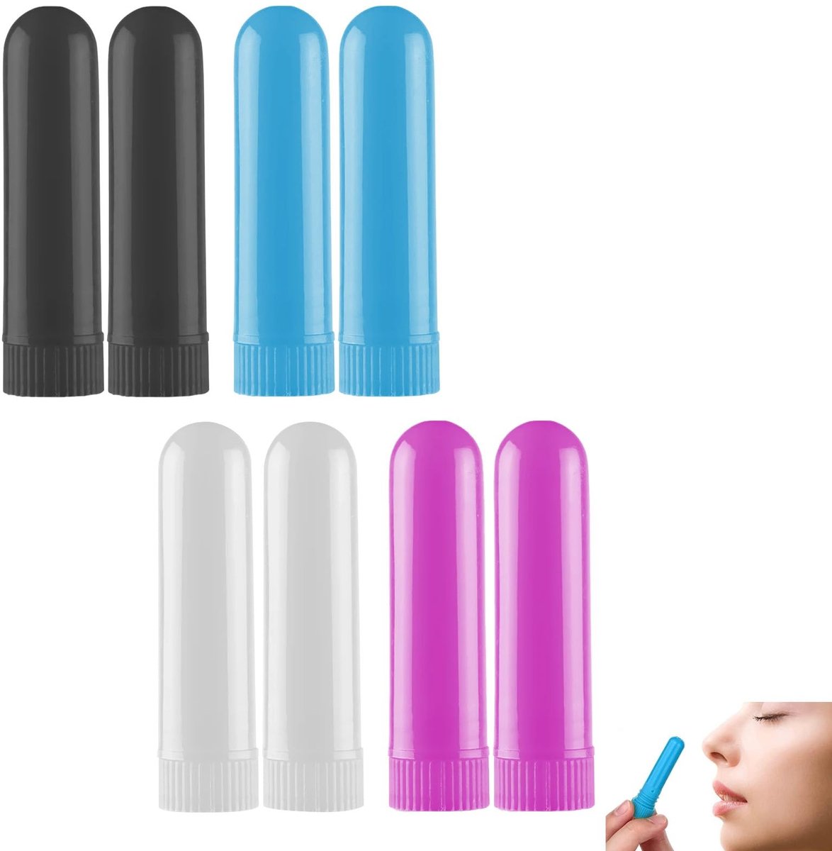 Dailygoods- Neusinhalatiebuisjes 8 stuks - Herbruikbaar - Katoenen lonten - Luchtdichte sluiting - 6,5 cm - Verkrijgbaar in 4 kleuren - Inhalator