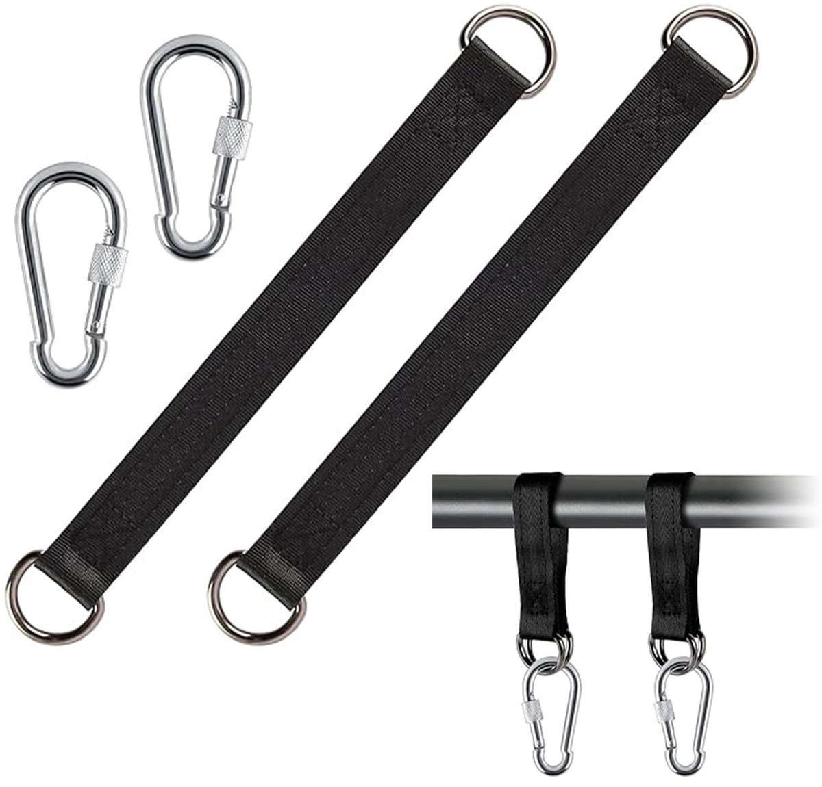 Dailygoods- Hangmatbevestiging 2-delig - 29,5 cm nylon banden - D-ringen - Karabijnhaken - Tot 200 kg draagkracht - Weerbestendig en scheurvast - Ophangset
