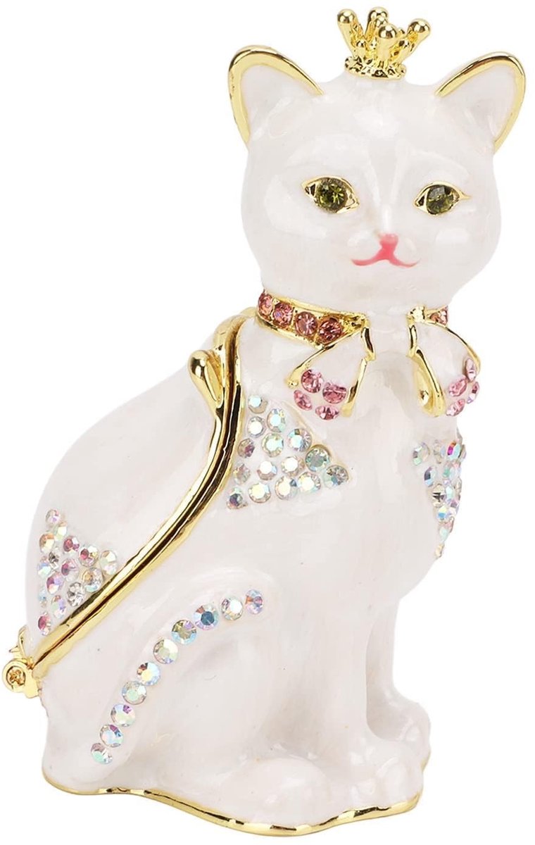 Dailygoods - Handgeschilderd Sieraden Doosje met Witte Kat en Kristallen Ring Houder