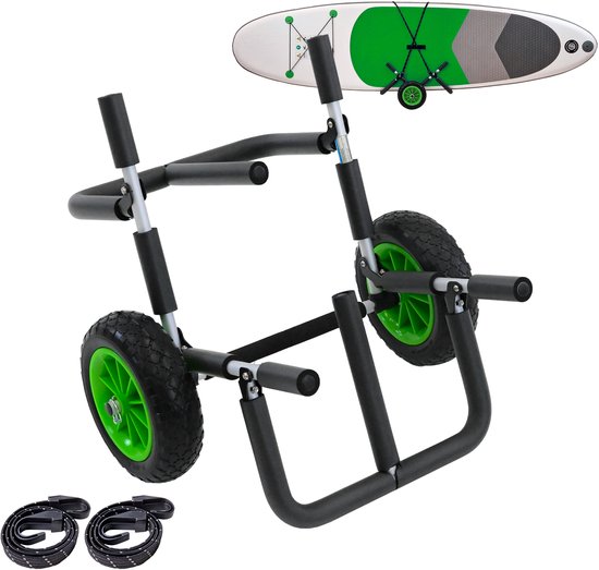 Zwarte SUP-trolley met twee grote, ruw profiel wielen met groene velgen. Twee spanbanden liggen ernaast. Een kleine SUP-plank is in de trolley geplaatst.