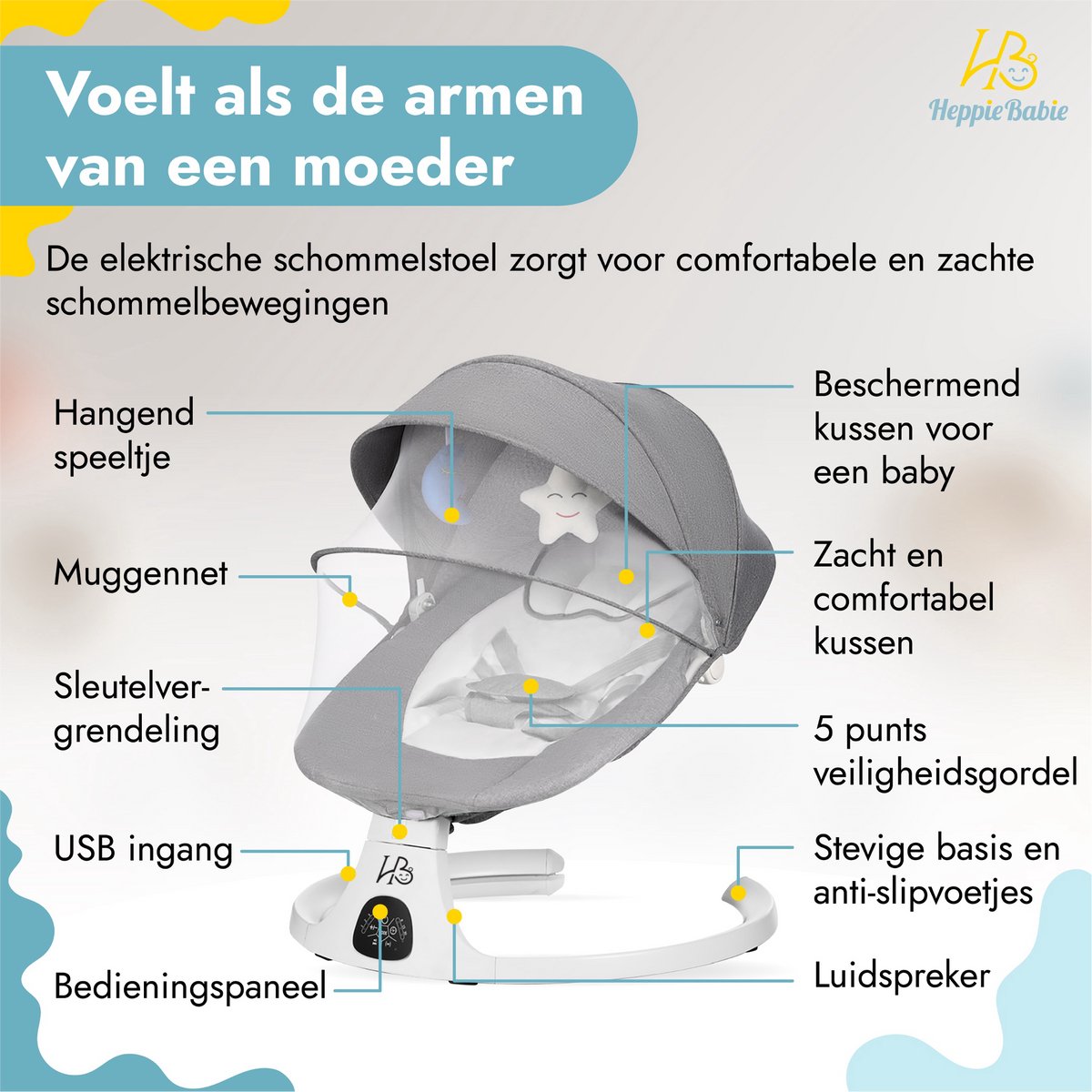 HeppieBabie Elektrische Wipstoel - Muziek en Swing Opties - 5 Punts Gordel - Babyschommel- Schommelstoel - Baby Swing - Met Ebook — afbeelding 3