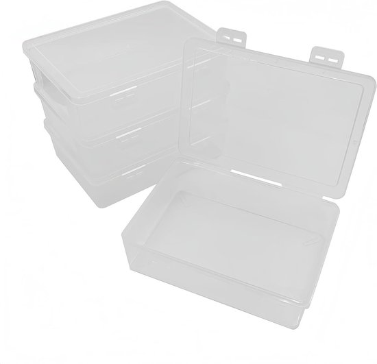 Stapel transparante plastic opbergdozen, met een doos open om de binnenkant te tonen.