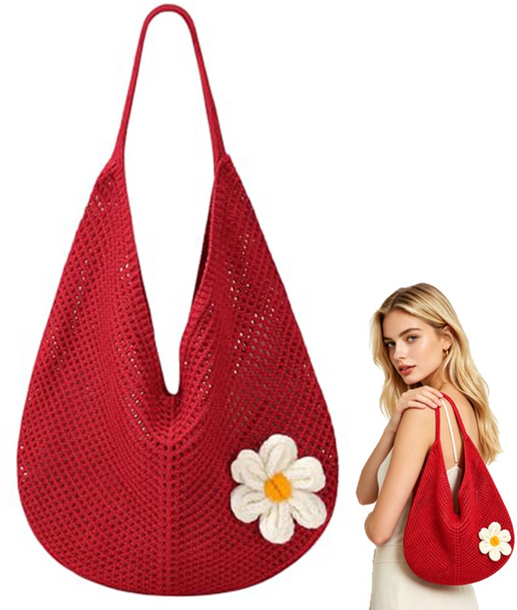 Gehaakte Strandtas Dames – Boho Geweven Shopper Tas - 41*50+cm–Afneembare Bloemspeld - Grote Zomertas voor Strand, Vakantie, Reizen en Dagelijks Gebruik - rood