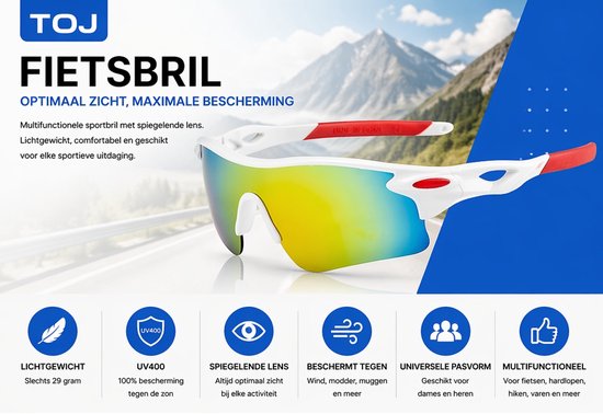 Fietsbril Met Hoes - Sportbril - Racefiets - Mountainbike - MTB - Sport Fiets Bril| Zonnebril - UV Bescherming - Wit/Rood - Spiegelende Lens — afbeelding 3