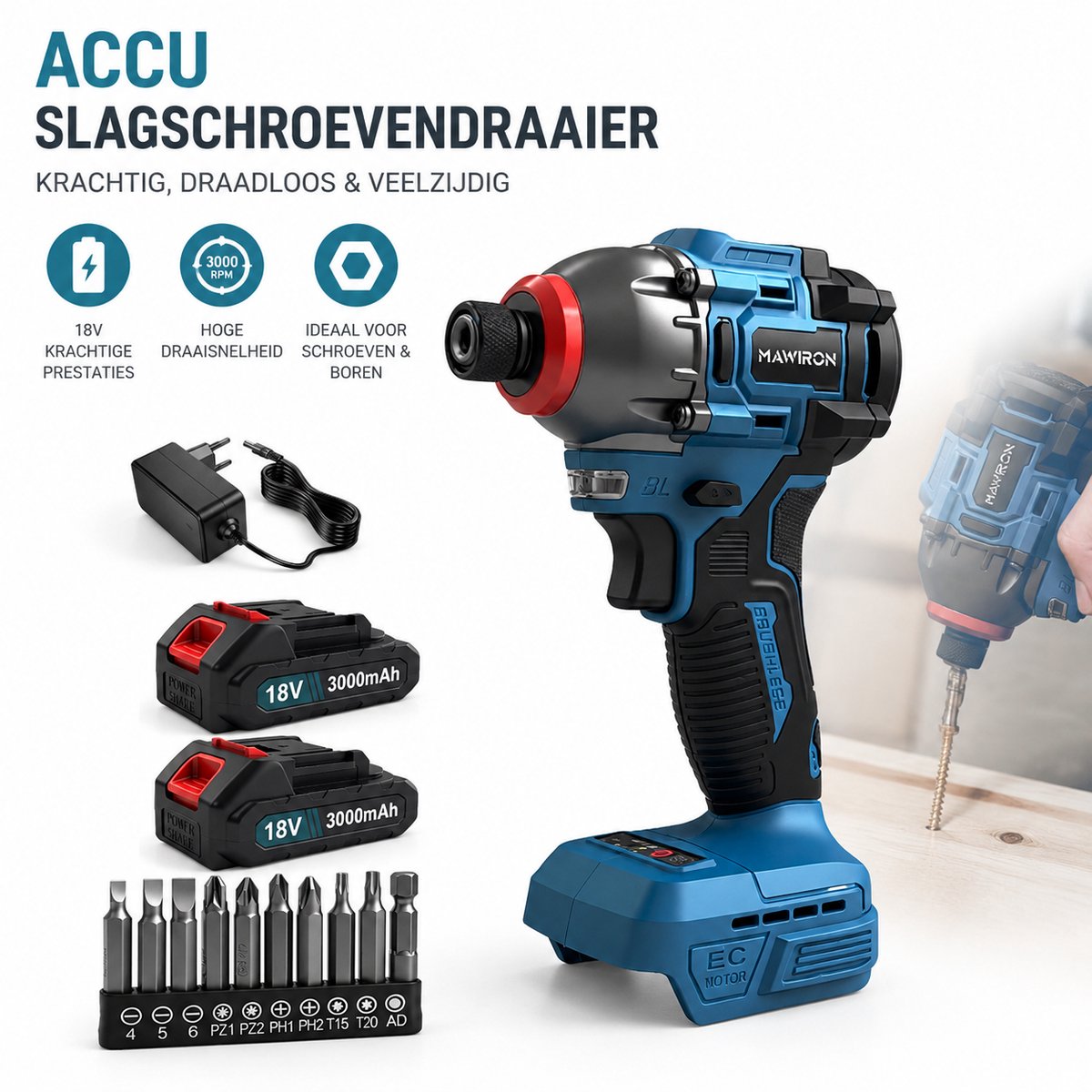 Accu Slagschroevendraaier / Schroefmachine – 18V 3000mAh (2 accu's + lader) – Met 10-delige bitset – Voor montage, reparatie, meubels, auto, fiets & hobby – Incl. handleiding