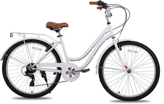 Paarse damesfiets met bruin zadel en mand, zij-aanzicht.