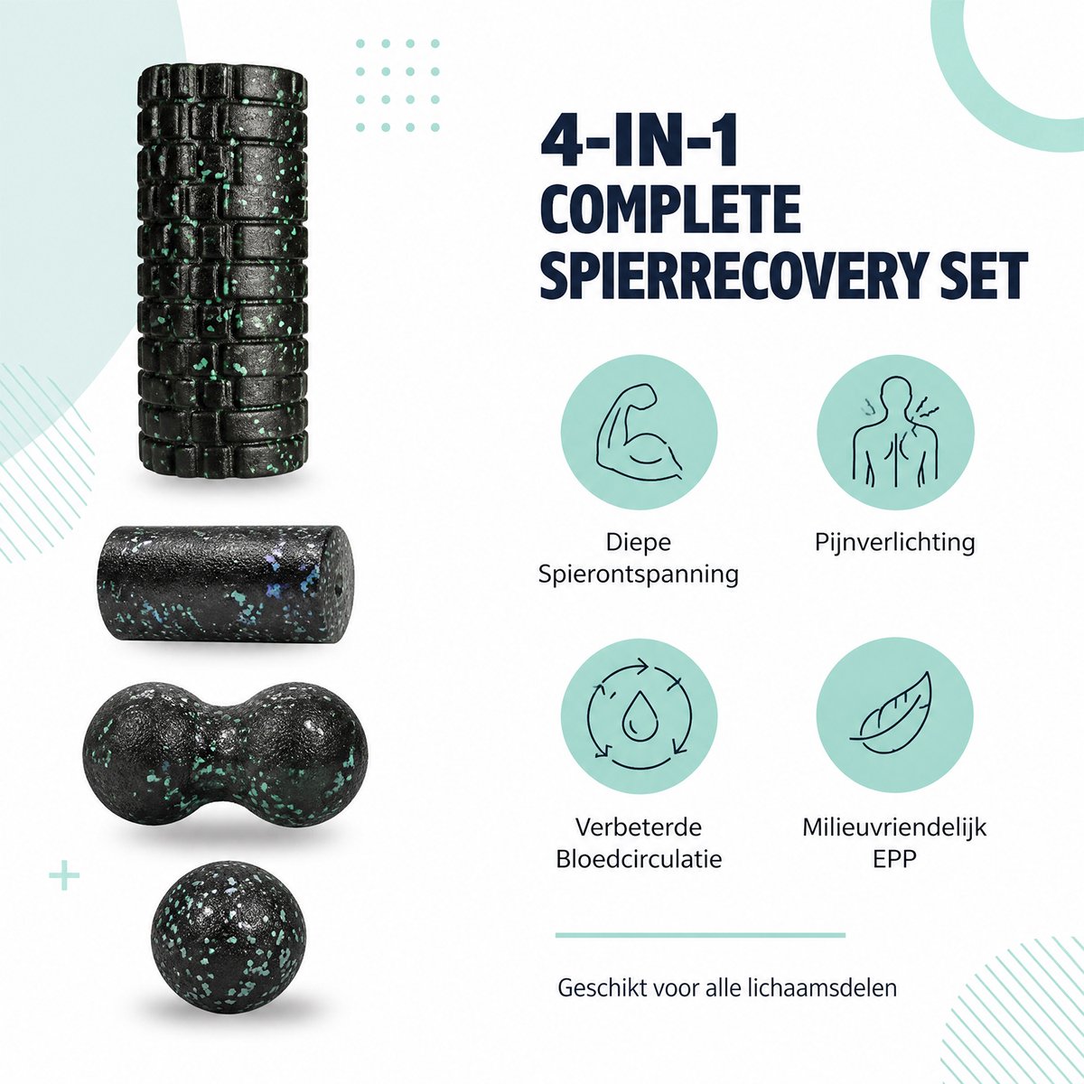 Fascia Massage Roller Set 4-delig EPP Foam Roller Peanut Massagebal Triggerpoint Massage Fitness Yoga Herstelset Zwart Groen thumbnail 5