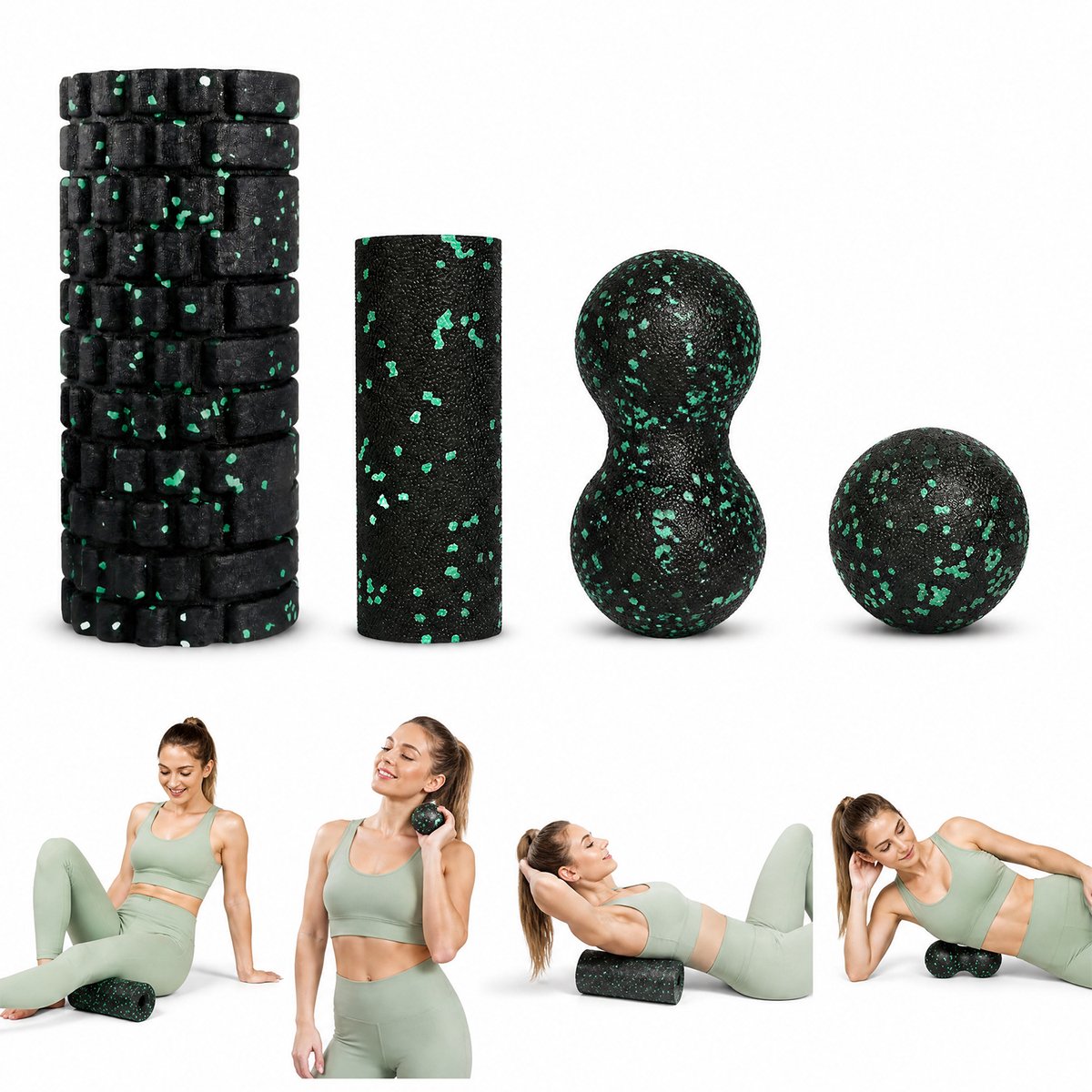 Fascia Massage Roller Set 4-delig EPP Foam Roller Peanut Massagebal Triggerpoint Massage Fitness Yoga Herstelset Zwart Groen