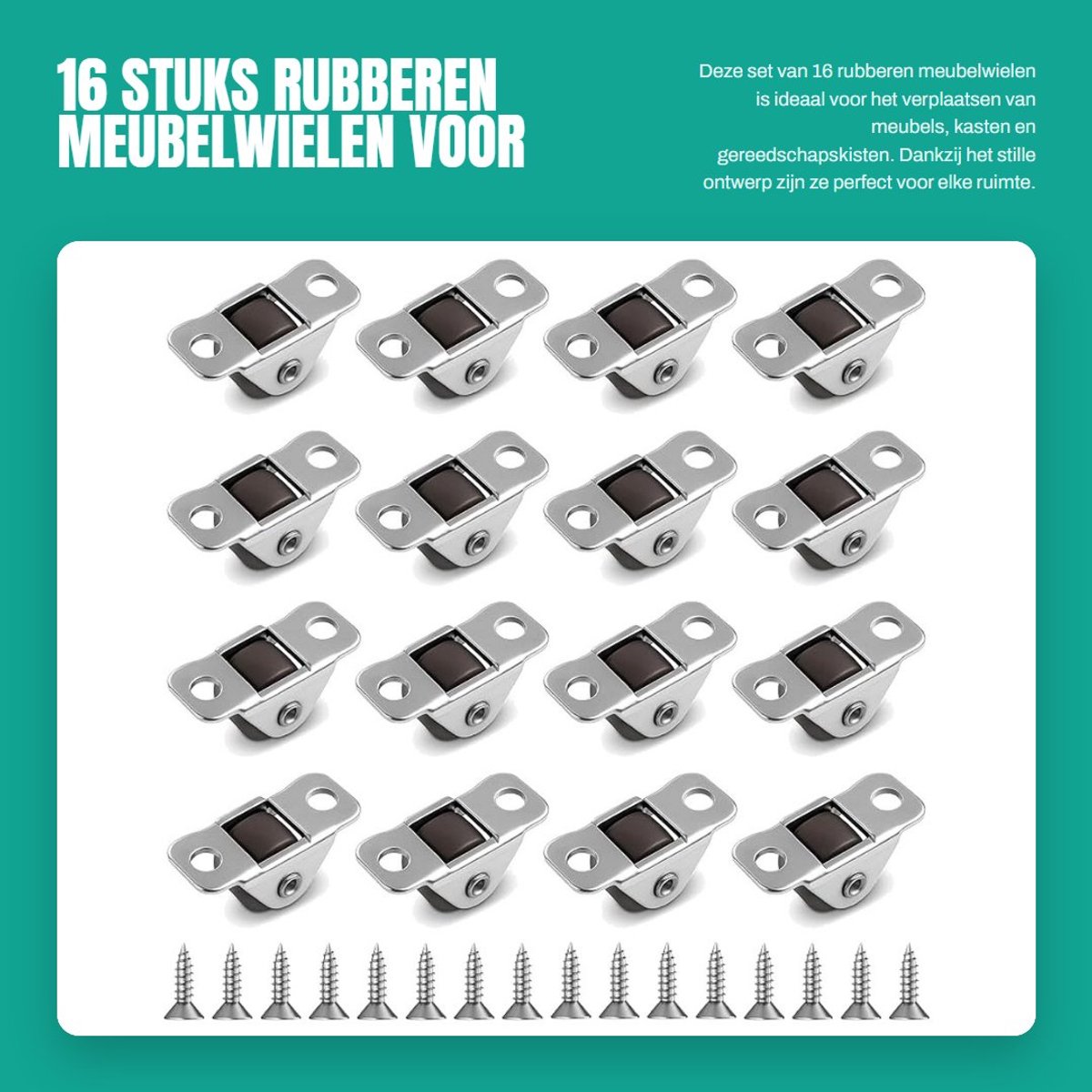 Dailygoods- Meubelwielen 16 Stuks - Rubber Wieltjes - Stalen Bovenplaat - Mini-Zwenkwielen - Stil - Voor Kasten/Gereedschapskisten