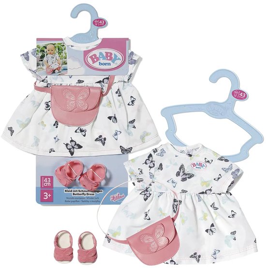 Baby Born jurk met vlinderprint, tasje en schoentjes, 43 cm. Verpakking met productfoto.