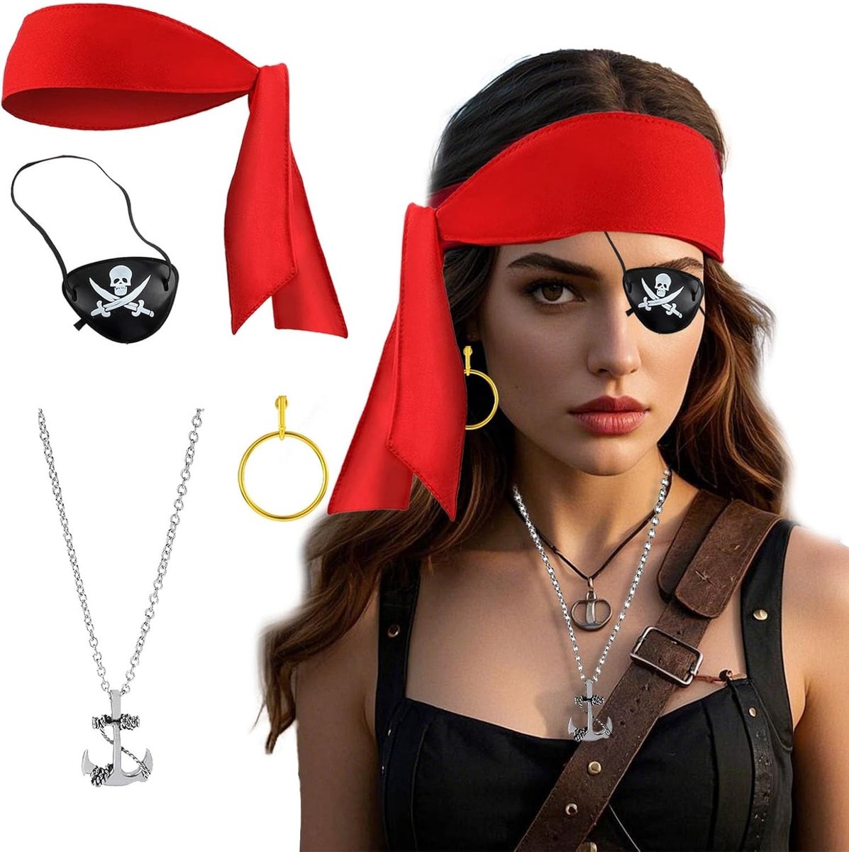 Piratenkostuum voor vrouwen met accessoires zoals hoofddoek, ooglapje, ketting en oorbellen voor carnaval en cosplay, maat één formaat
