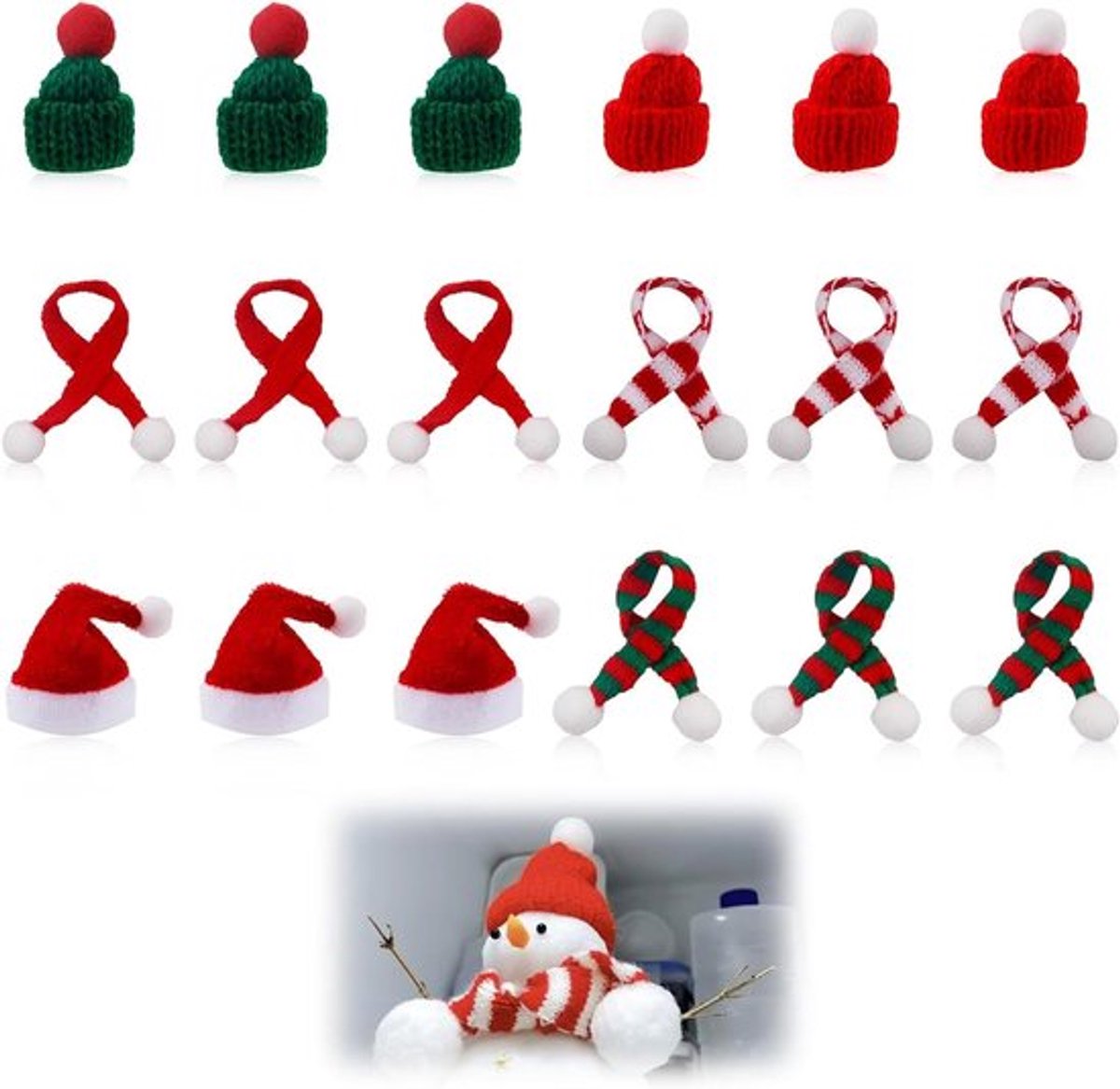 Set van 18 mini-kerstmutsen en sjaals in rood en groen - Allecto Plus