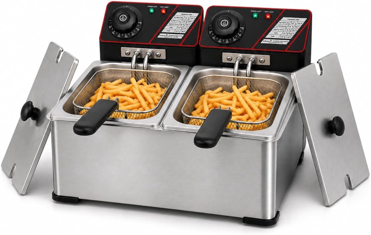 Dubbele Friteuse - RVS - Instelbare Temperatuur - Uitneembare Manden - Voor Thuis en Horeca