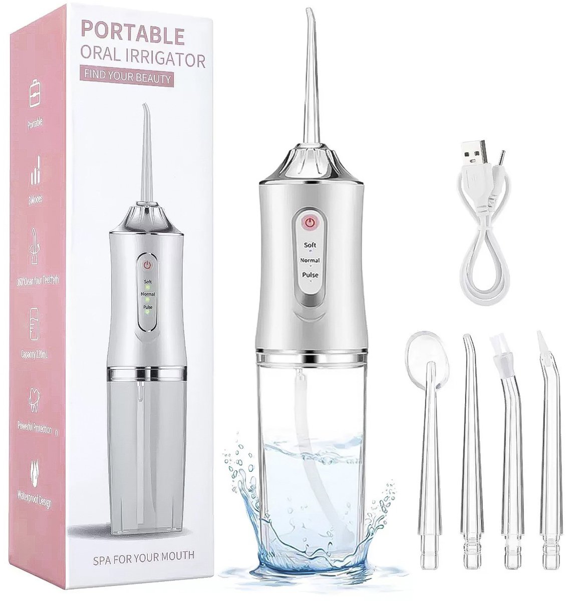 Draadloze Oplaadbare Waterflosser – 3 Modi – IPX7 Waterdicht – Draagbaar – Geschikt voor Thuis en Reizen – (Wit)