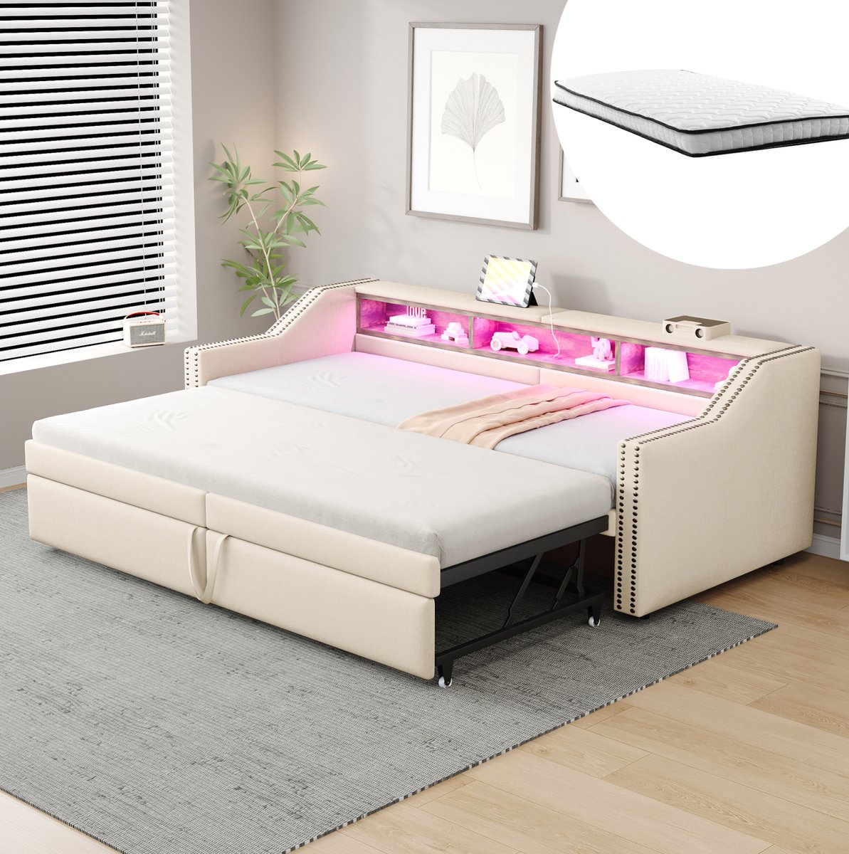 MEUNIQ slaapbank 90/180 x 200 cm met uitschuifbaar bed, 3 opbergvakken, LED-verlichting, USB-aansluiting, lattenbodem, armleuningen en rugleuning, beige