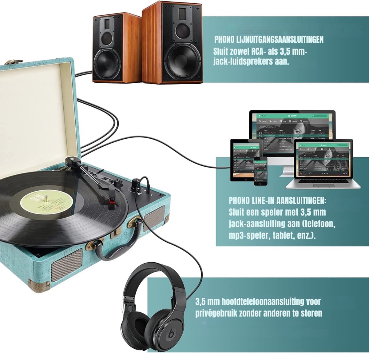Ploutos® Platenspeler Bluetooth - Retro Platenspeler in Koffer – Complete Set met Speakers - Blauw - 36cm x 26cm x 116cm — cadeau in Games, Films & Muziek - foto 3