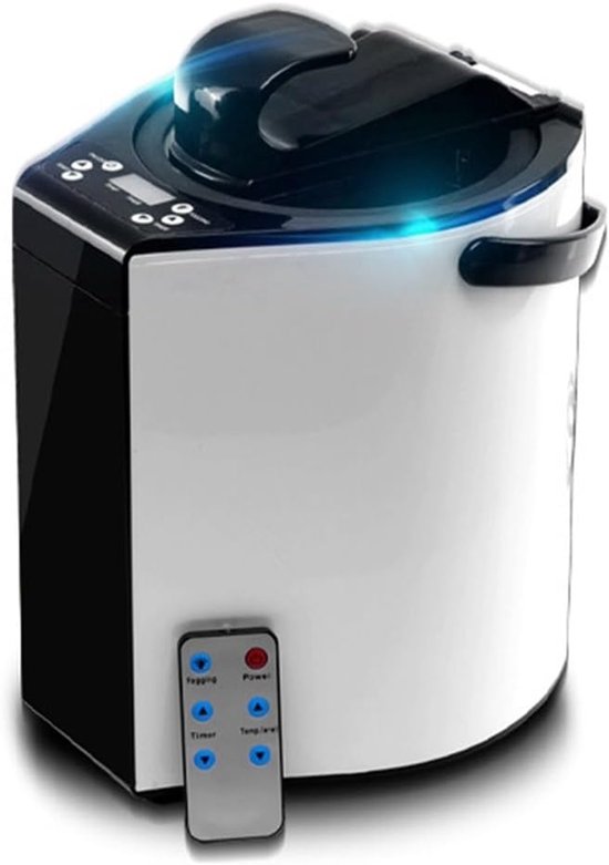 Witte en zwarte stoomgenerator met een afstandsbediening en blauwe LED-verlichting.