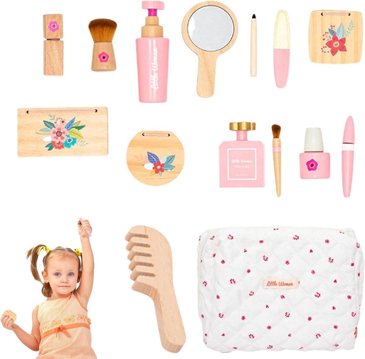 Houten Make-up Speelgoedset - Kindersalon Speelgoed - Fantasie Spel - Glad Ontwerp - 21 x 15 x 8 cm