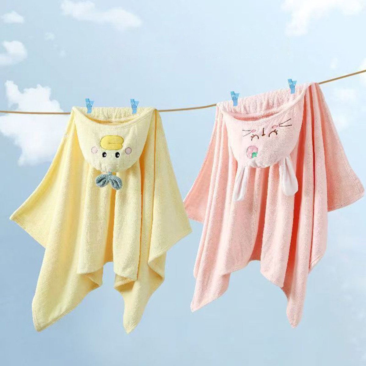 Babybadjas met capuchon, 2-delige set, superabsorberende babybadhanddoek, hoogwaardig koraalfleece, babybadhanddoek,Schattige eend met grote bek + aardbeiroze konijn - 70*140cm