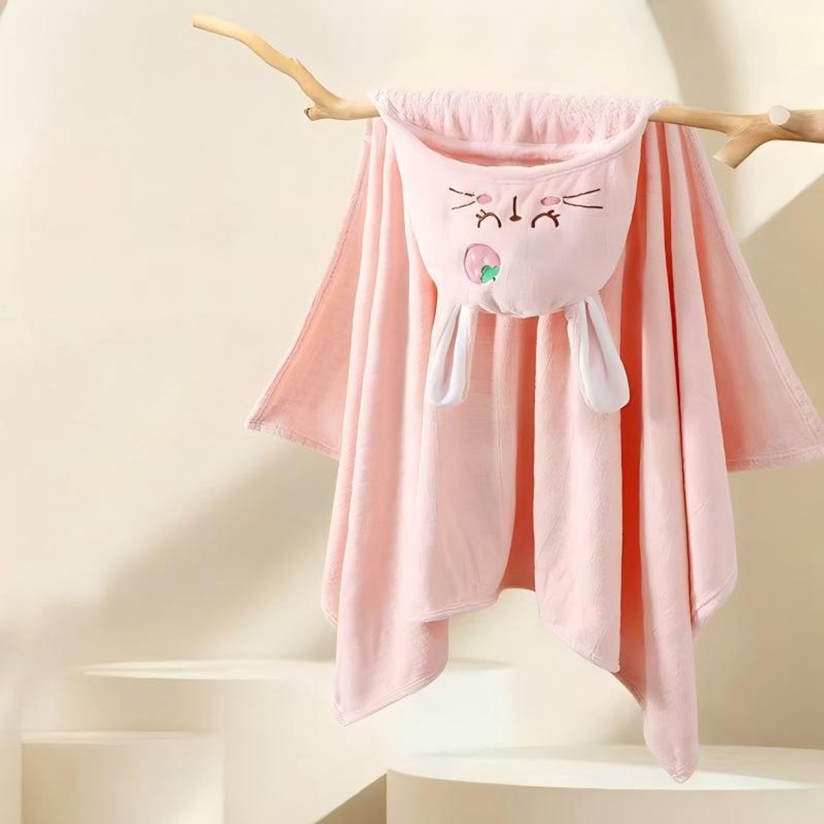Babybadjas met capuchon, 2-delige set, superabsorberende babybadhanddoek, hoogwaardig koraalfleece, babybadhanddoek,Aardbeiroze Konijn - 70*140cm
