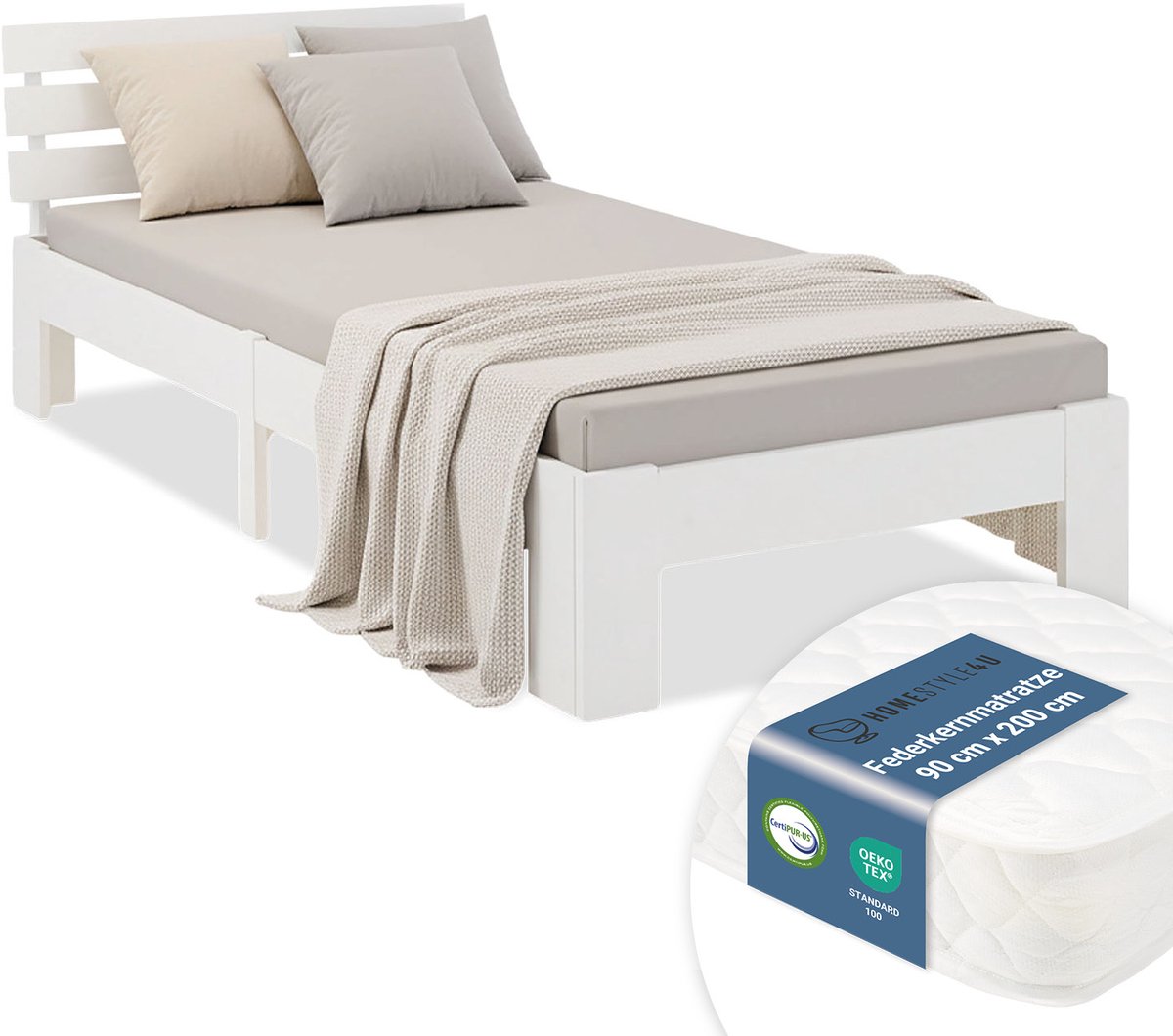 Homestyle4u Eenpersoonsbed - 90x200 cm - met Binnenveringmatras - Natuur