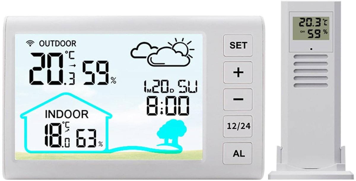 Multifunctionele digitale klok - binnen- en buitenthermometer - hygrometer - kleurenscherm - draadloos weerstation - wit