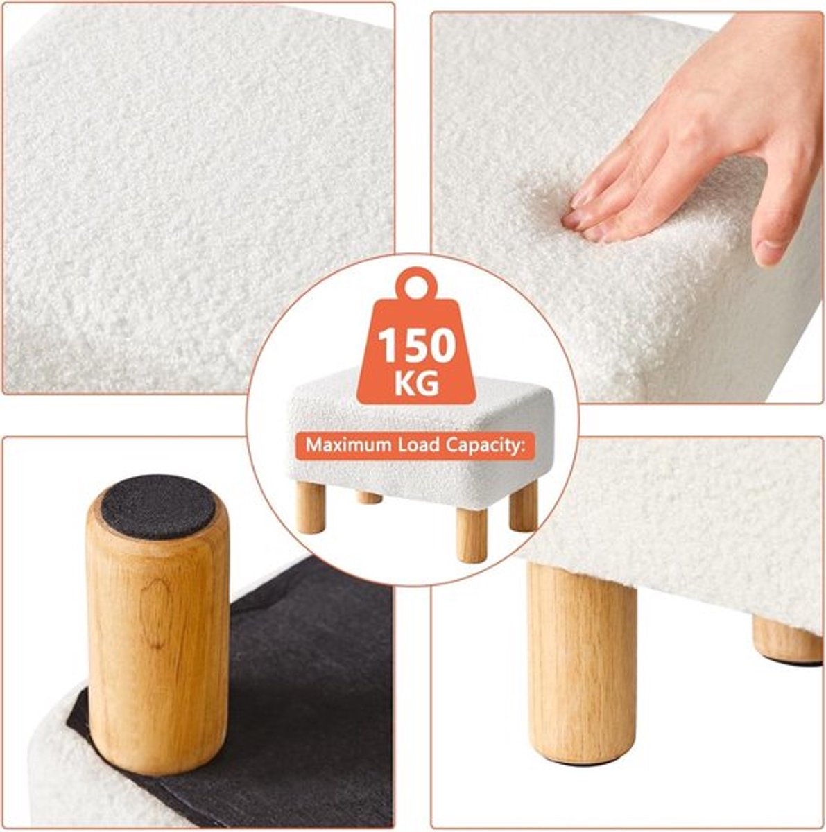 Voetenbank teddyfleece Allecto Plus met houten poten