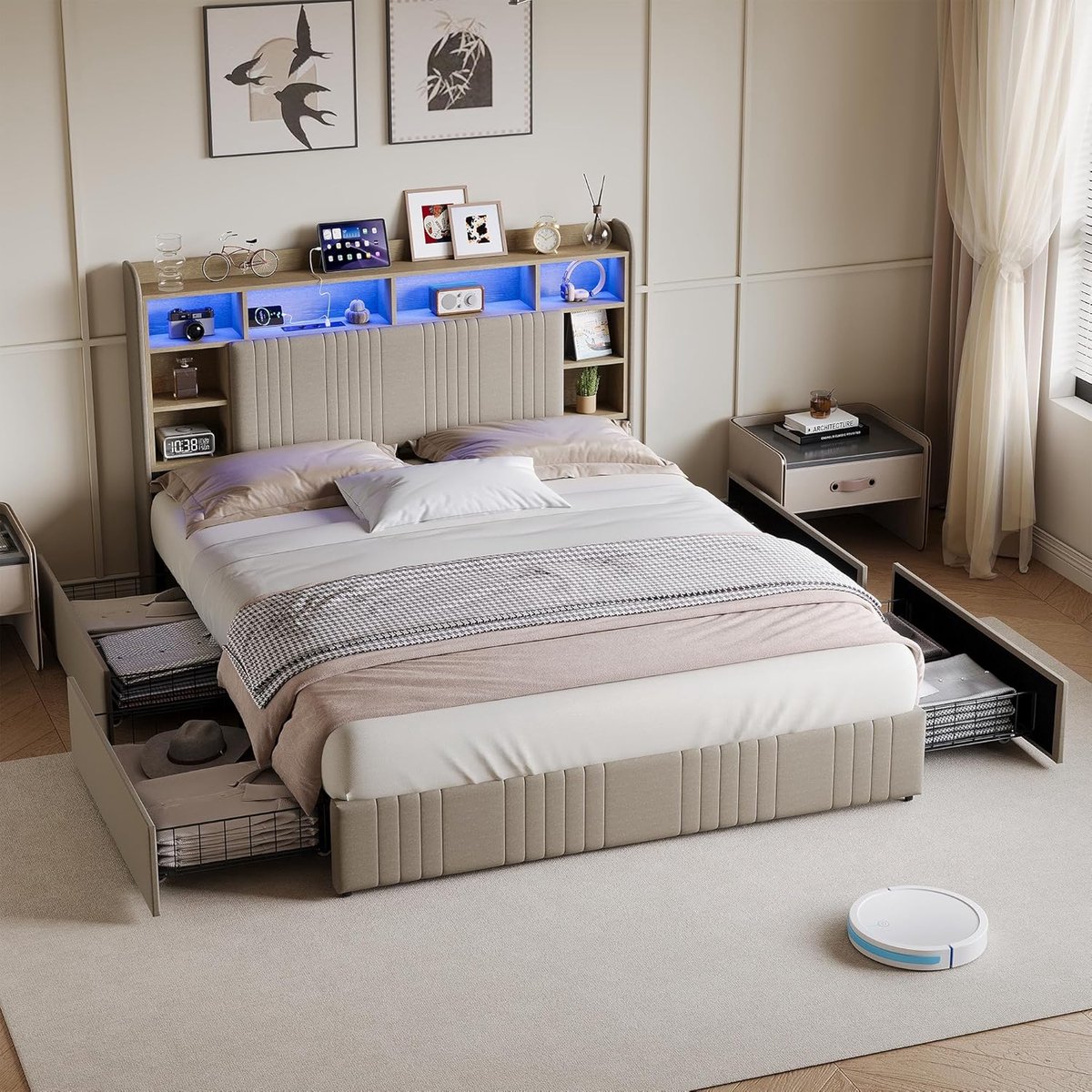 Tweepersoonsbed - Gestoffeerd bed - Ruimte Besparen - Met opbergruimte - 160x200 cm - Beige