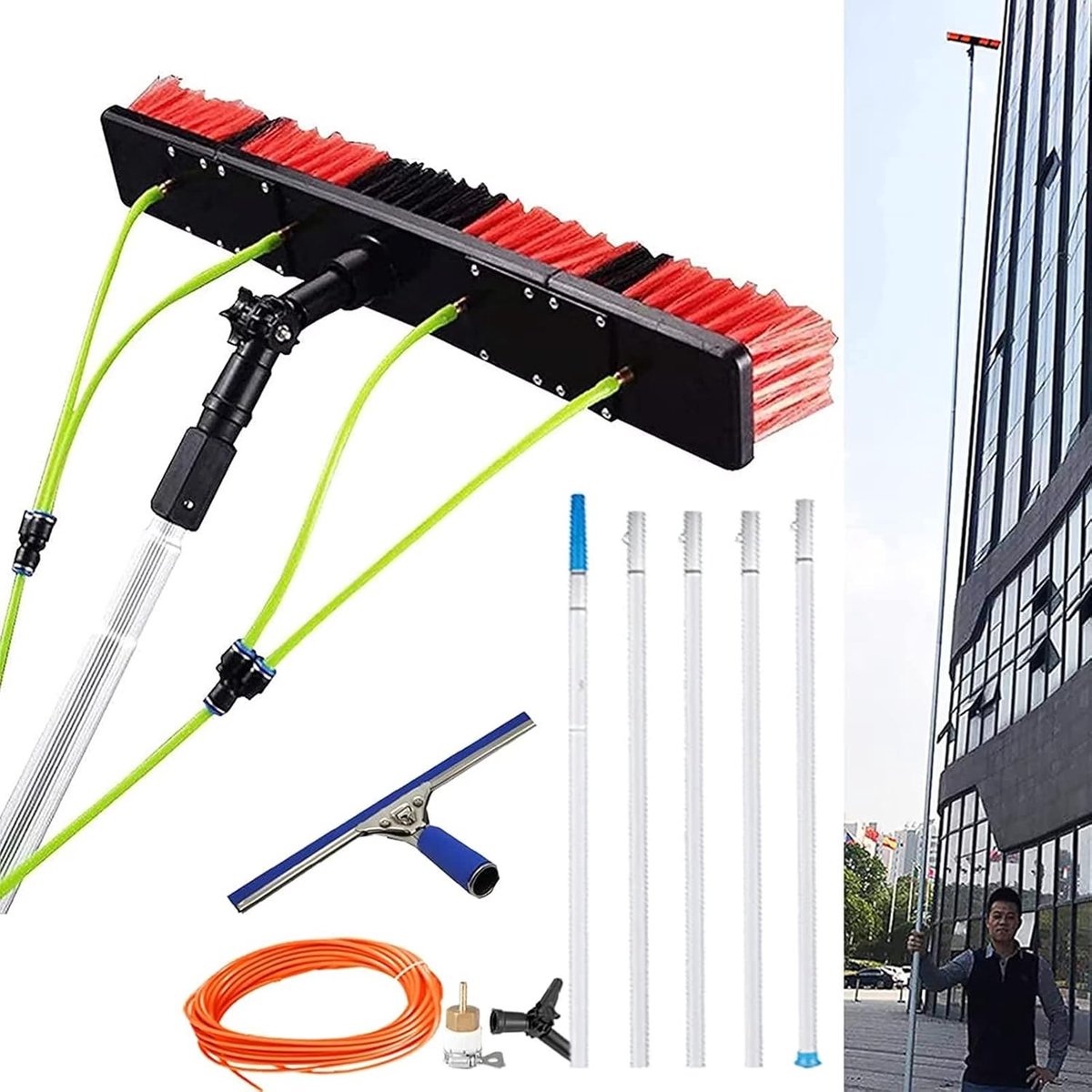 Raamreinigingsset - Telescopische borstel - Hoge ramen poetsen - Uitschuifbaar tot 12 meter - 35 cm rakel - Zilver