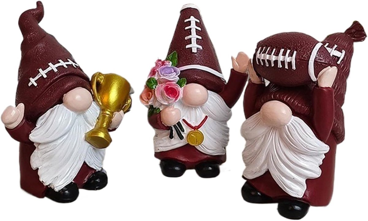 Kabouter Beeldjes - Hars Figuren - Woonkamer Decoratie - Voetbal Thema - 3 Stuks - Meerkleurig